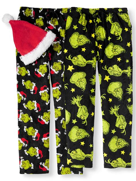 These Dr. Seuss Grinch Fleece Plush Pajama Pants features an allover design of the Grinch with a Santa hat and the saying "Naughty." It is a super soft fleece fabric with a Minky touch feel. Made of 100% polyester. Product details. Product Dimensions ‏ : ‎ 13 x 10 x 3 inches; 14 Ounces; Item model number ...
